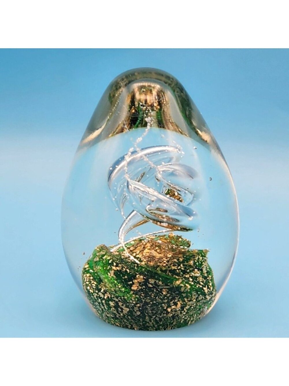 Helix Art Glass Paperweight Clear Green Gold Aventurine Swirl Pattern